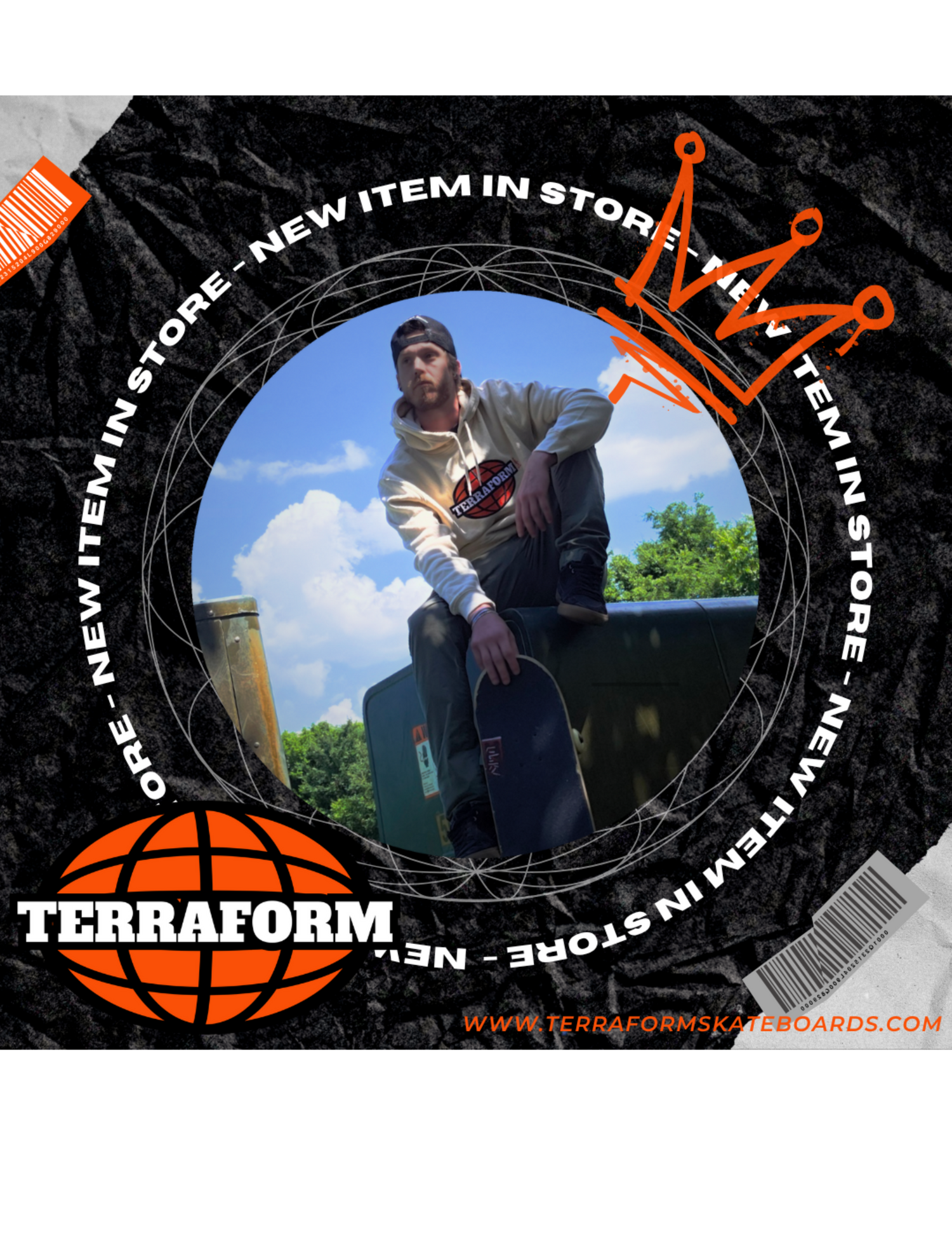 Promotional image for Terraform skateboards with a person sitting on a box holding a skateboard, surrounded by text and branding elements.