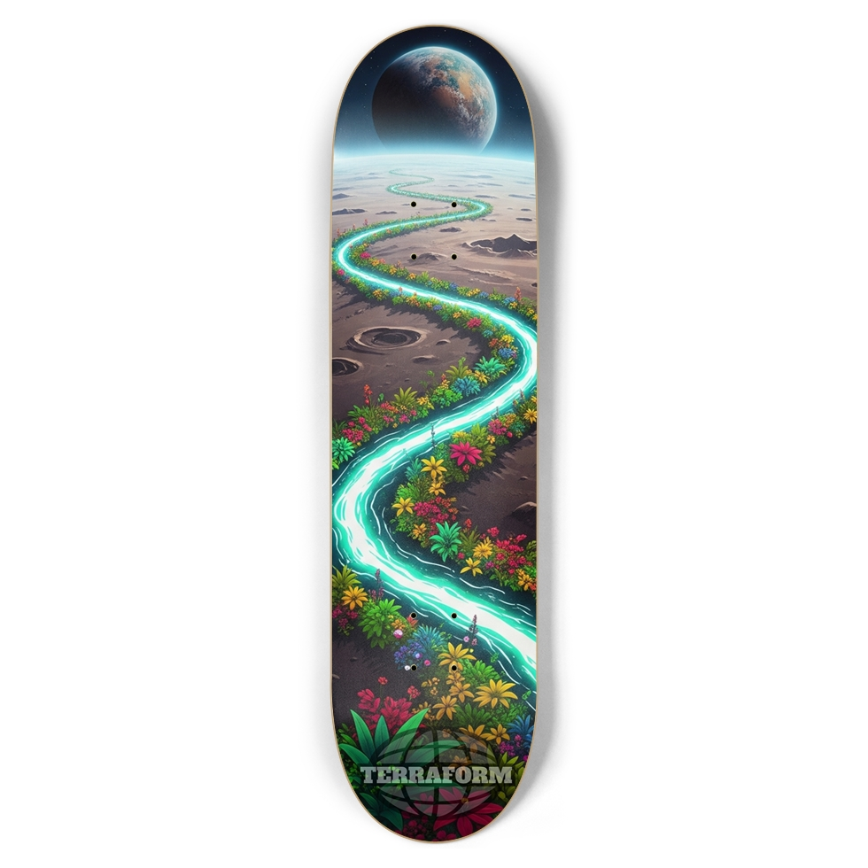 Skateboard deck with a colorful design of a river flowing through a landscape, featuring the brand 'Terraform'.