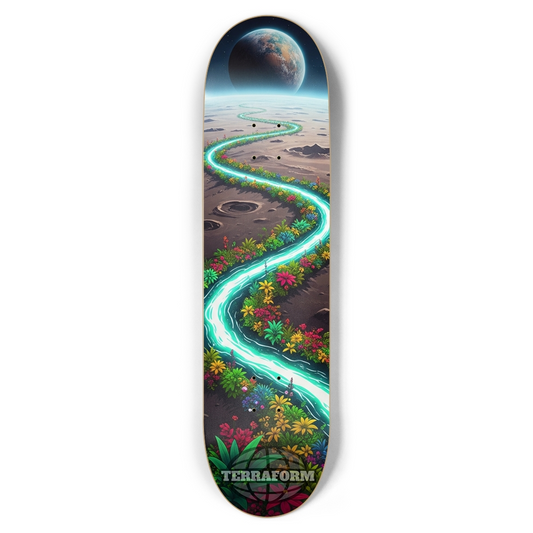 Skateboard deck with a colorful design of a river flowing through a landscape, featuring the brand 'Terraform'.