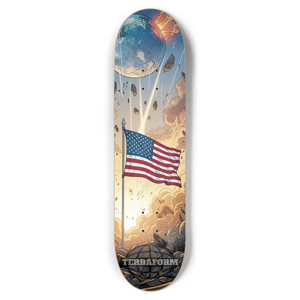 Skateboard deck with space-themed design featuring an American flag and 'Terraform' branding.