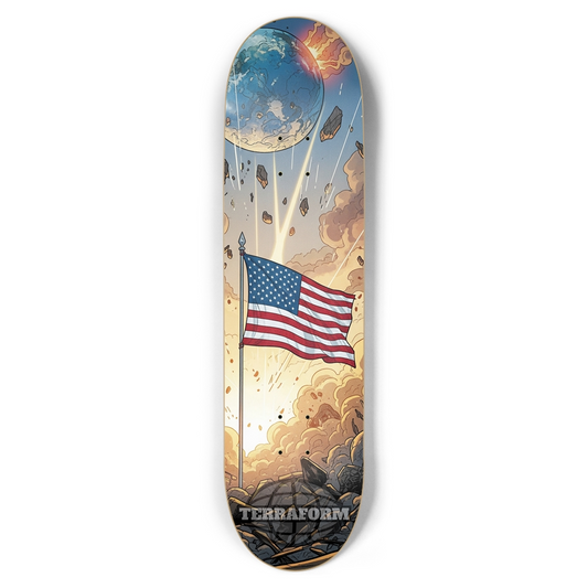 Skateboard deck with space-themed design featuring an American flag and 'Terraform' branding.